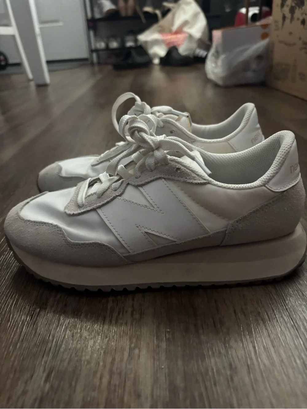 New Balance Women’s WS237 Sneakers in White and Light Gray with Gum Sole